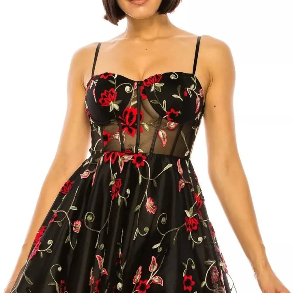 B Darlin Embroidered Fit n Flare Black & Red Dress
